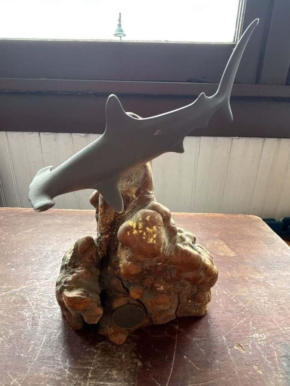 Hammerhead Shark Sculpture by John Perry on Polished Burlwood Base